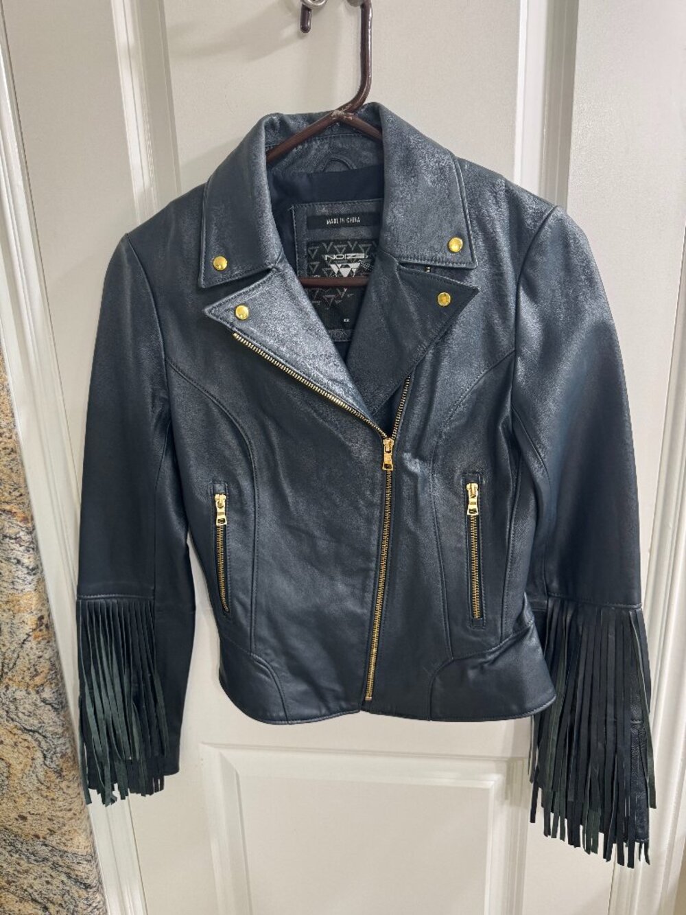 Noize Navy Blue Leather Jacket w/fringe, XS
